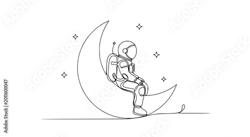 Foto Astronaut sitting on a crescent moon surrounded by stars, single line drawing