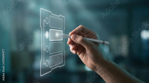 Professional using a stylus pen to interact with a vertical holographic digital interface panel in a blurred high tech office environment.