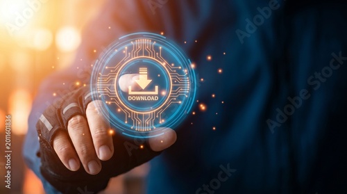 Person's finger touching a glowing download icon on a futuristic interface