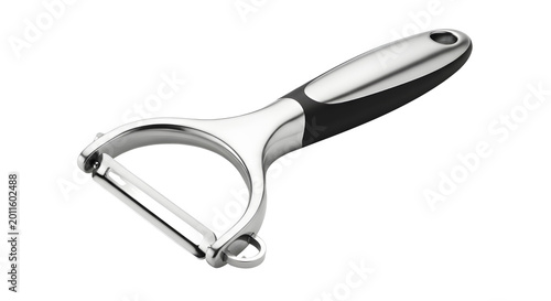 Stainless steel vegetable peeler with ergonomic handle, professional kitchen tool for peeling potatoes and carrots, modern metal food scraper