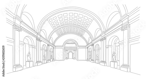 Grand Art Gallery Hallway, Classical Architecture, Museum Interior Line Drawing