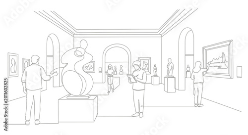 Art gallery exhibition with sculptures and paintings, visitors observing art