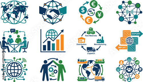 Global business and logistics icon set featuring international trade world maps supply chain management and currency exchange for global commerce.