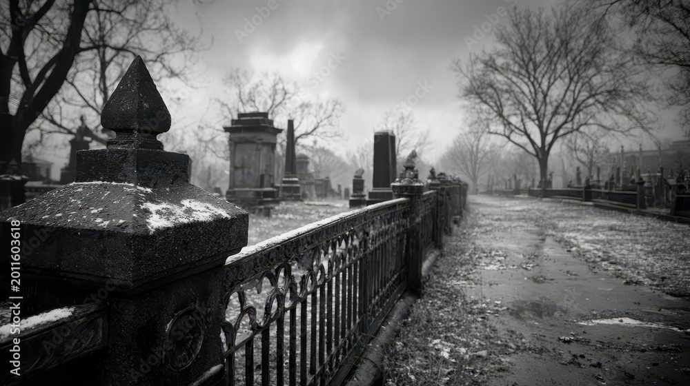 Obraz premium Haunted cemetery landscape with snow, fog, and mossy stones in monochrome