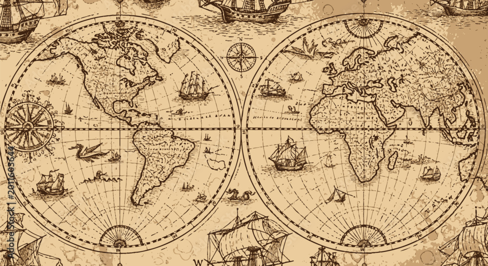 Fototapeta premium Vintage world map with old sailing ships and navigation tools