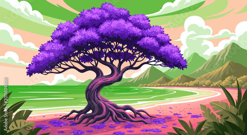 Fényképezés Vibrant Vector Illustration of a Majestic Purple Tree on a Tropical Beach with L