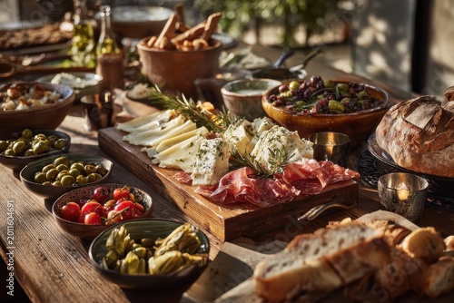 Elegant antipasti display for tasting moments: assorted cheeses, olives, and charcuterie on warm-toned wood