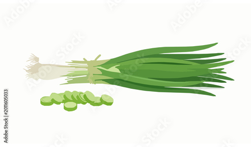 Φωτογραφία Green onions with slices and rings flat vector set isolated on white background