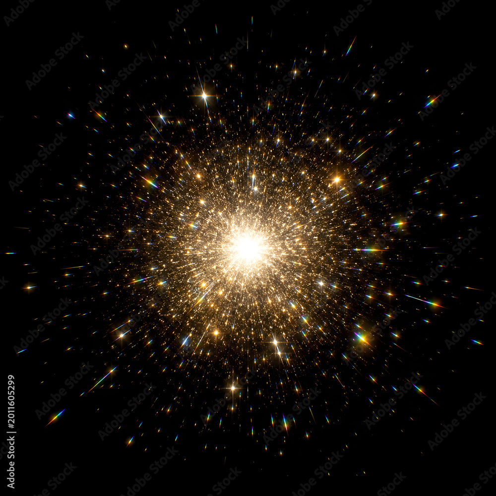 Obraz premium Magical blue and gold nebula with sparkling star particles and mystical smoke clouds isolated on black background