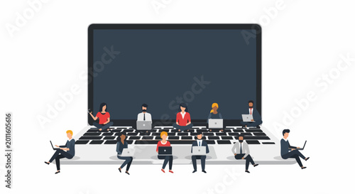 Diverse Remote Team Working Together on a Giant Laptop Illustration, Digital Nomad and Online Collaboration Concept