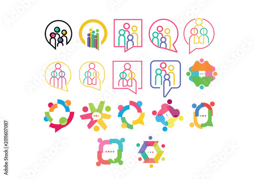 Diversity Team Chat Logo Bundle Multi color People Communication Icons, Community Talk, Social Network, Group Discussion Vector Set