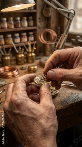 Watchmaker repairing a watch mechanism with tweezers