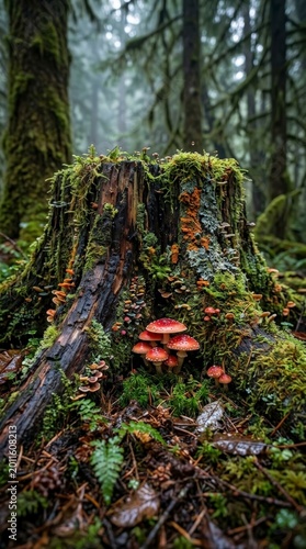 Mushrooms growing on a mossy tree stump in a forest