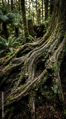 Ancient tree roots covered in moss and fungi