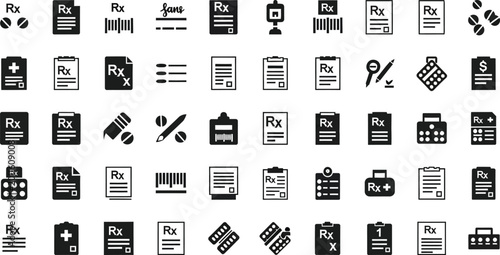 Prescription forms and medical documents feature standardized order symbols and clinical record templates for pharmacy use.
