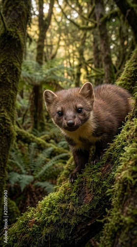 Cute marten peeking from mossy tree branch in forest