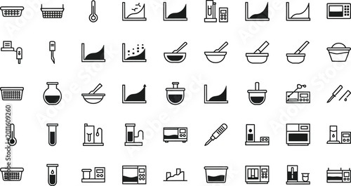 Scientific instrumentation icons depicting heating elements, graphs, and testing vials showcase essential components for modern laboratory experimentation workflows.