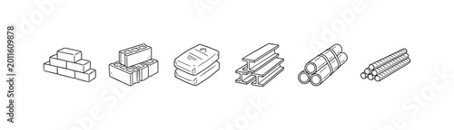 Foto Construction material outline icon set with brick concrete cement steel pipe and