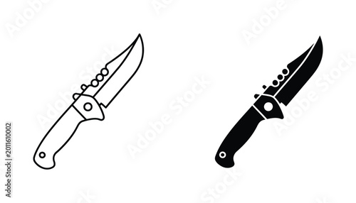 Tactical folding knife icon set in outline and solid black silhouette for survival and outdoor gear