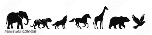 Photography Wildlife animal silhouette vector icon set with elephant tiger wolf horse giraff