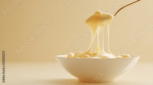 Deliciously creamy white chocolate sauce dripping from a spoon into bowl. Luscious white chocolate sauce being lifted by a spoon from a white bowl, showcasing its smooth texture and rich consistency