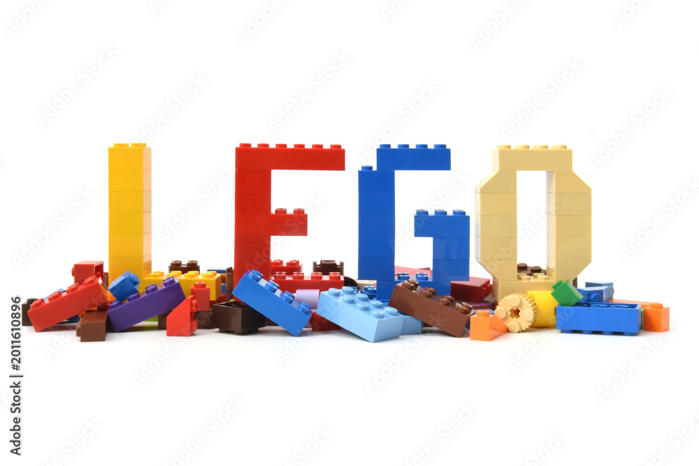 Fototapeta premium Word lego is made from colorful letters are made from bricks. Editorial illustrative image of popular plastic toy constructor.