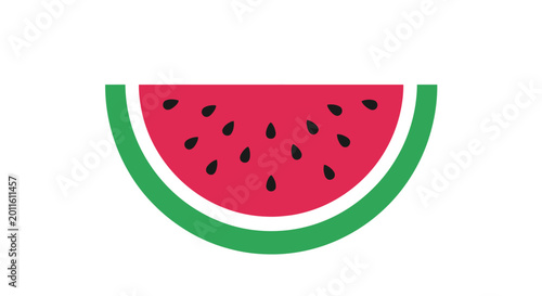 A fresh and juicy slice of ripe red watermelon vector illustration with green rind and black seeds is isolated on white for a healthy summer fruit food icon