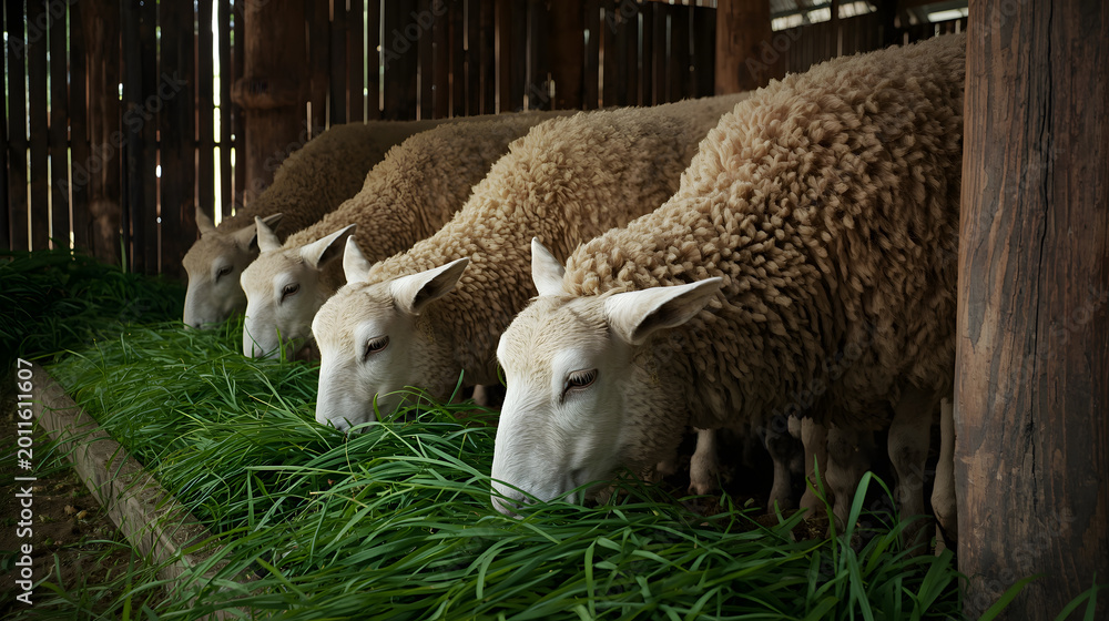 Obraz premium A row of sheep eating fresh green grass in a rustic wooden barn.