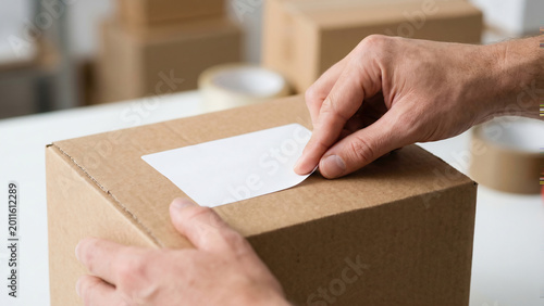 Hands applying label sticker to box surface, flat angle commercial stock photography, 8k high resolution quality.