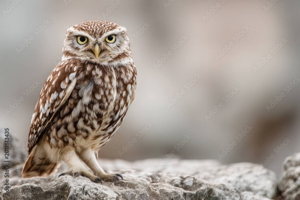 Fototapeta premium Owl standing on rock with sharp gaze and detailed feathers in natural environment, bird of prey with brown and white plumage, wildlife and nature close-up portrait.