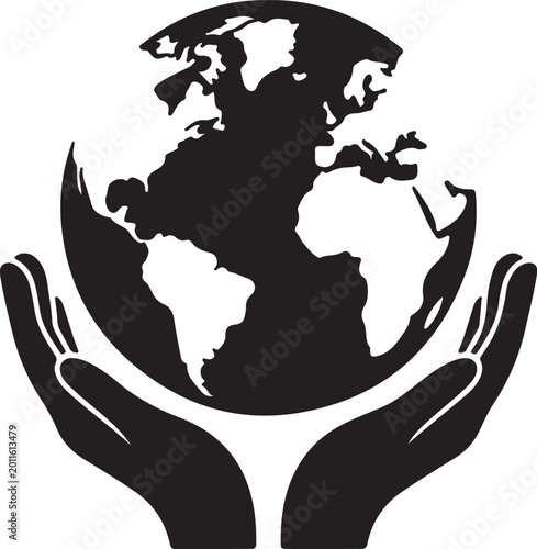 Black Silhouette of Hands Cupping the Earth Globe holding