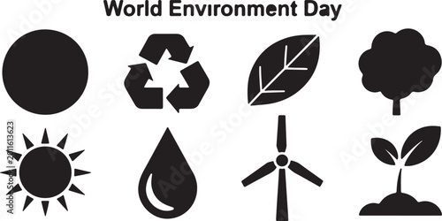 World Environment Day Icons Earth Recycle Leaf Tree Sun Water