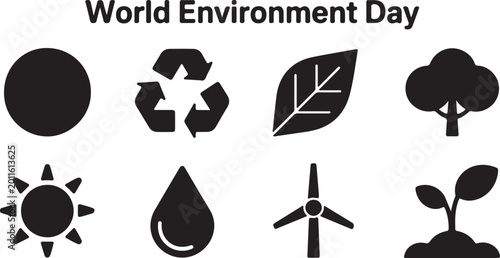 World Environment Day Icons Earth Recycle Leaf Tree Sun Water