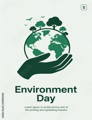 Dark Green Hand Holding Earth with Trees and Birds Environment Day
