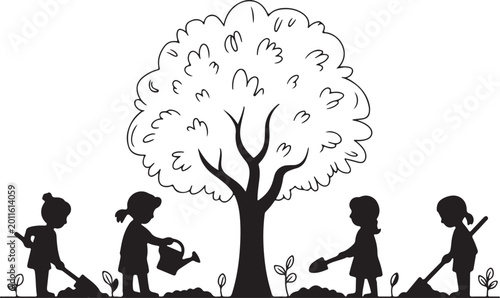 Children Planting Tree Silhouette vector illustration