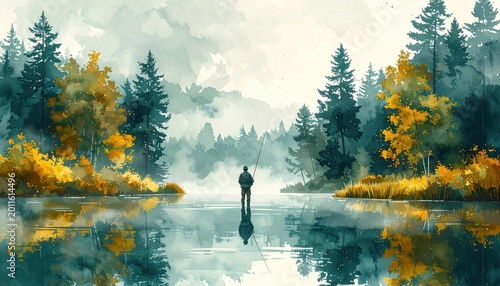Lone angler standing in quiet lake surrounded by misty forest and autumn trees while fishing peacefully during early morning sunrise in wilderness