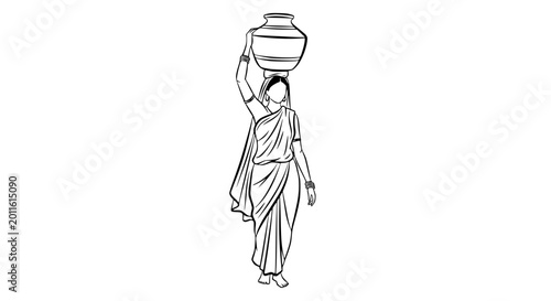 Slika na platnu Indian Woman Carrying Water Pot on Head, Traditional Village Life, Outline Sketc