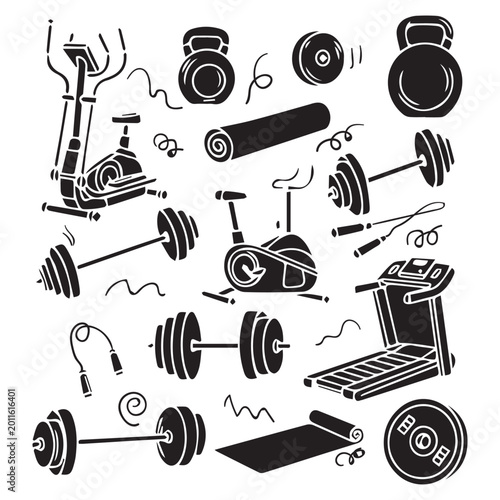 Hand drawing style of fitness set vector. It is suitable for healthy life icon, sign or symbol.