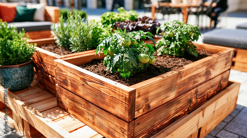 Close-up of a wooden raised planter box with various herbs and leafy greens, vegetable garden