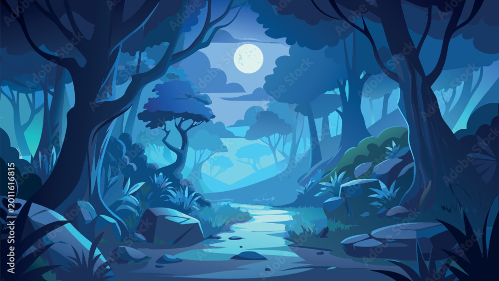 Obraz premium Enchanted Night Forest Landscape with Full Moon and Mystic Blue Moonlight
