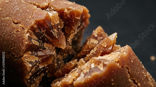 Close-up of jaggery, a traditional unrefined non-centrifugal cane sugar, showing its crystalline texture and rich brown color.