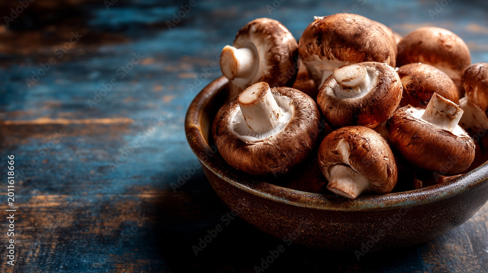Fototapeta premium Close-up of fresh brown mushrooms in a bowl on a dark wooden surface with still life, mushrooms