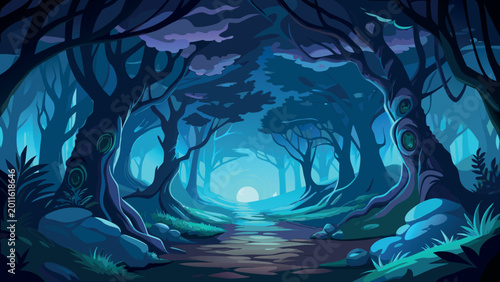 Mysterious Deep Forest Pathway at Night with Glowing Moonlit Horizon