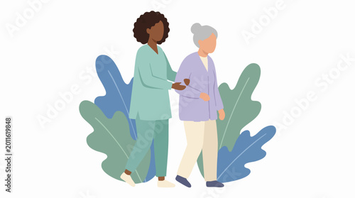 Fotografía Caregiver assisting elderly woman with walking, home healthcare concept
