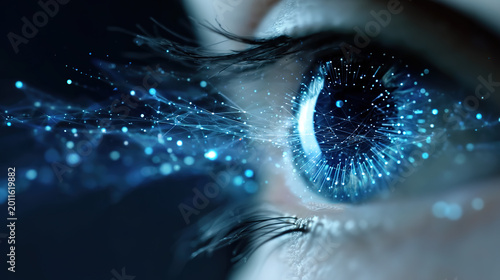 Close-up of human pupil and the light of technology reflected in