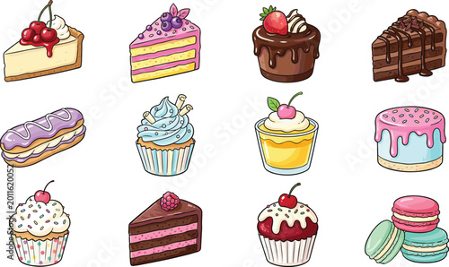 Tablou pe pânză Cute Hand Drawn Bakery Dessert Collection with Cakes Cupcakes and Sweet Pastry V
