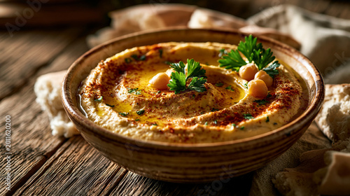 Classic hummus platter with chickpeas and olive oil on rustic wooden background, middle eastern
