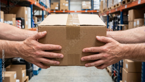 Hands holding sealed cardboard package and passing to another person, commercial stock photography, 8k high resolution quality.
