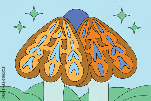Surreal abstract illustration of two orange mushroom caps with blue and yellow patterns forming wings against light blue sky with green stars.