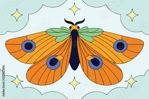 Orange moth with large blue eye spots on wings and green collar against light blue background with soft clouds and yellow stars.